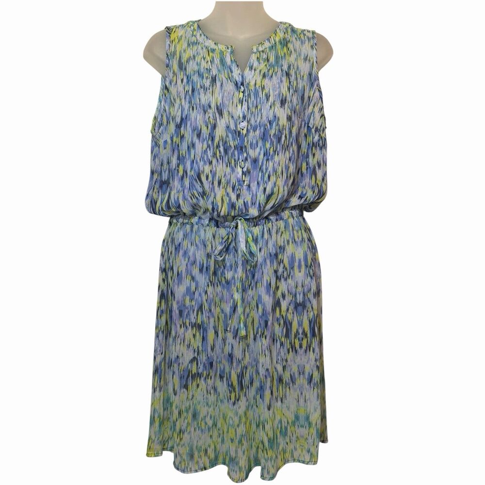Liz Claiborne Sheer Dress M Blue Green Abstract Tie Waist Beach Coverup Flowy